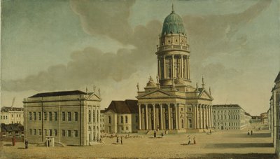 Vue du Gendarmenmarkt avec le théâtre français et la cathédrale, Berlin, 1788 - Karl Friedrich Fechhelm